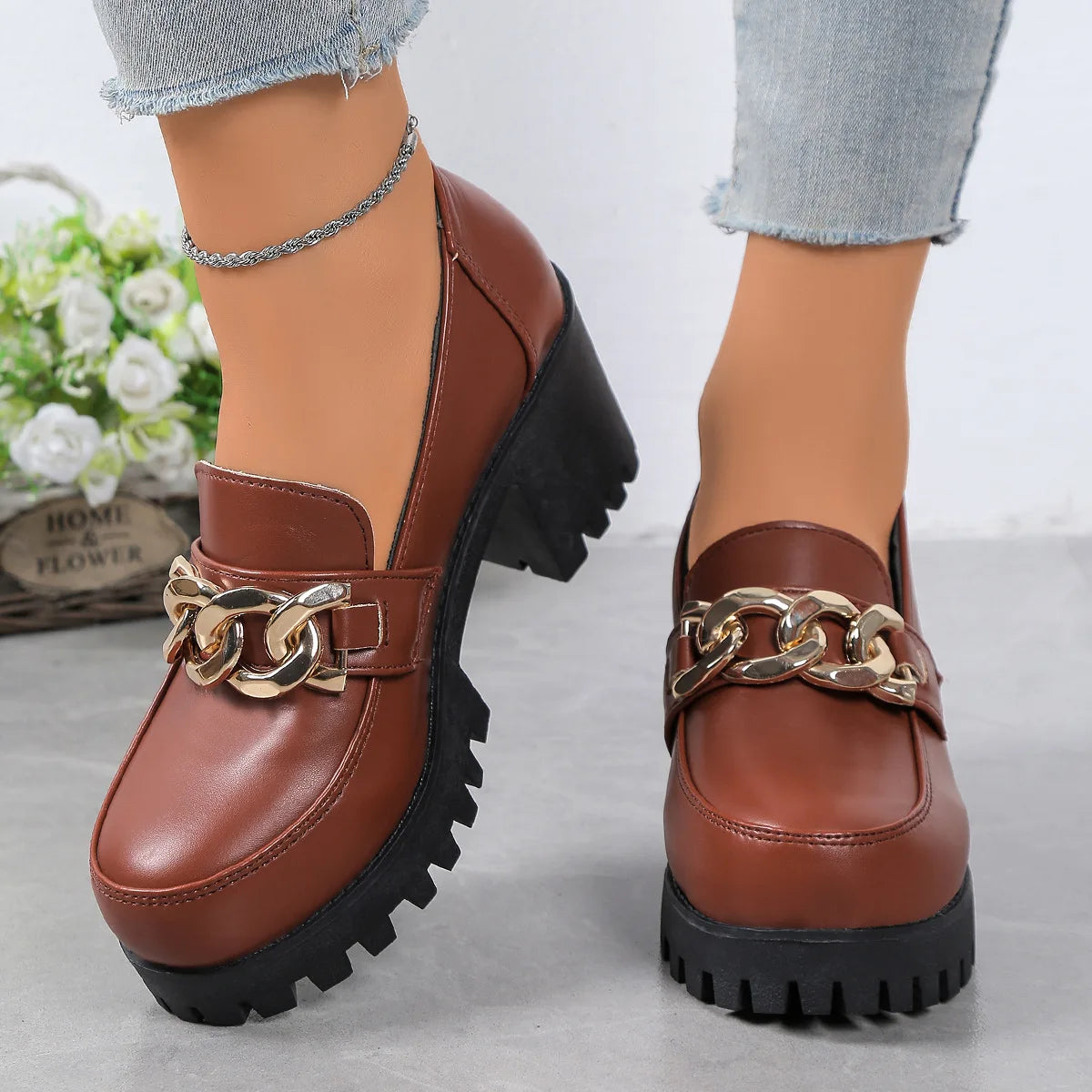 Women's Large Size Thick Heel Slip-On round Toe Leather Shoes Spring Autumn New Style Korean Style PU Leather Mid Heel