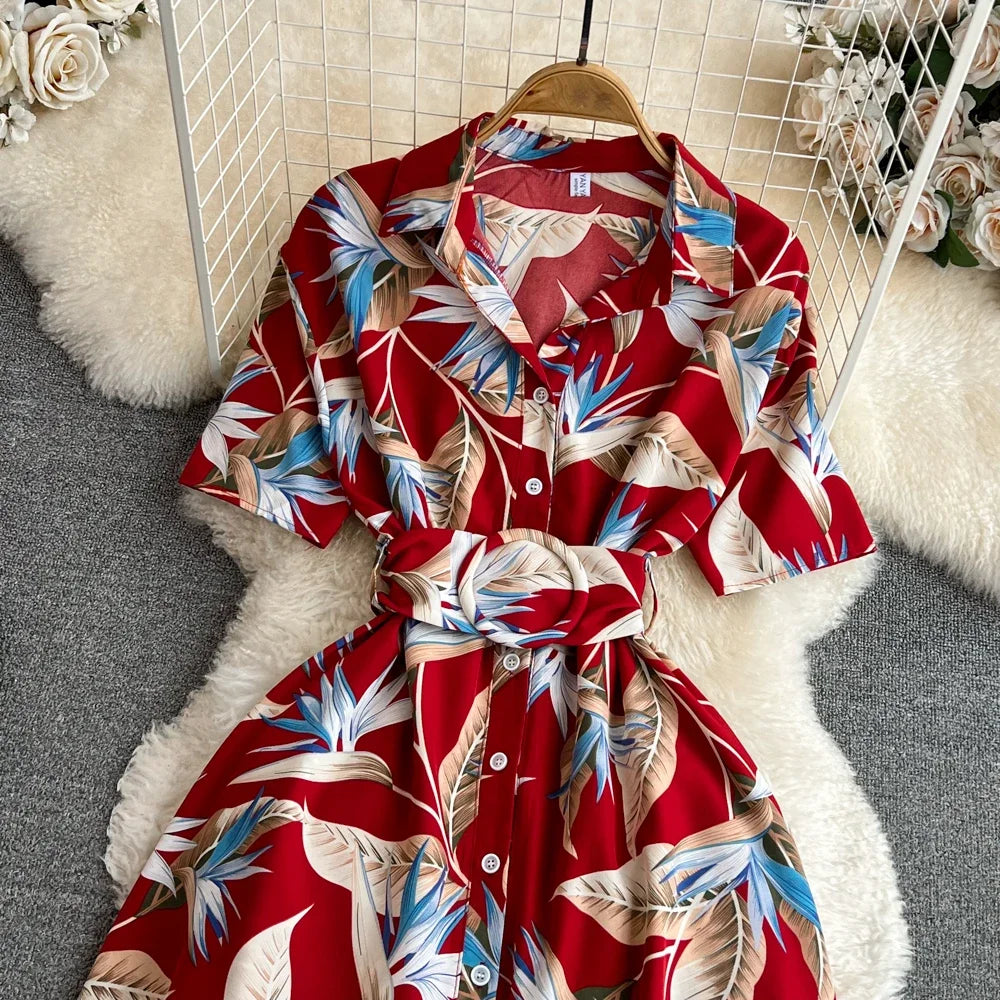 2024 New Summer Women Dress Fashion Print Floral A-line Shirt Dress with Belt Elegant Vintage Off Lady Dress Casual Vestidos