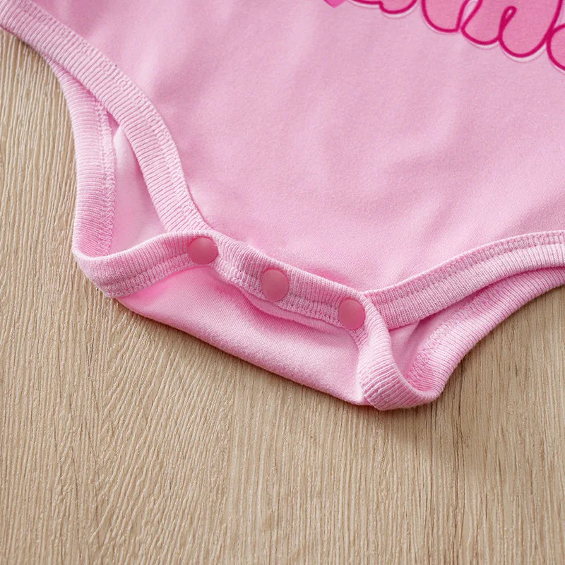Mother's Day Themed Baby Short-Sleeved 3-Piece Set for Girls (0-18 Months), Pink Hearts and Bow Design