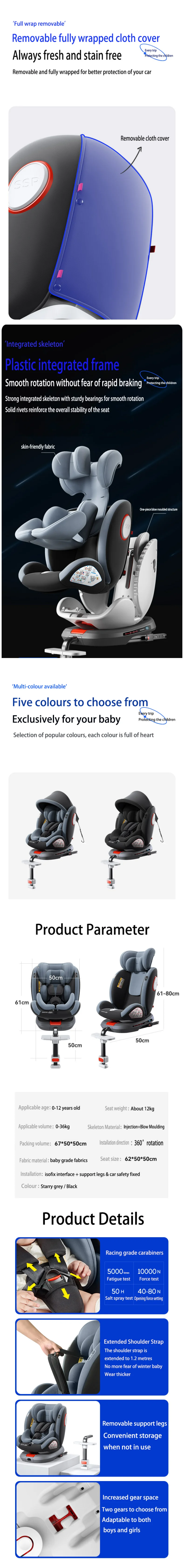 Child Car Safety Seats with ISOFIX for Baby Adjustable 360 Rotating Direction Angle 0-12 Years Suitable Car Seat with Footrest