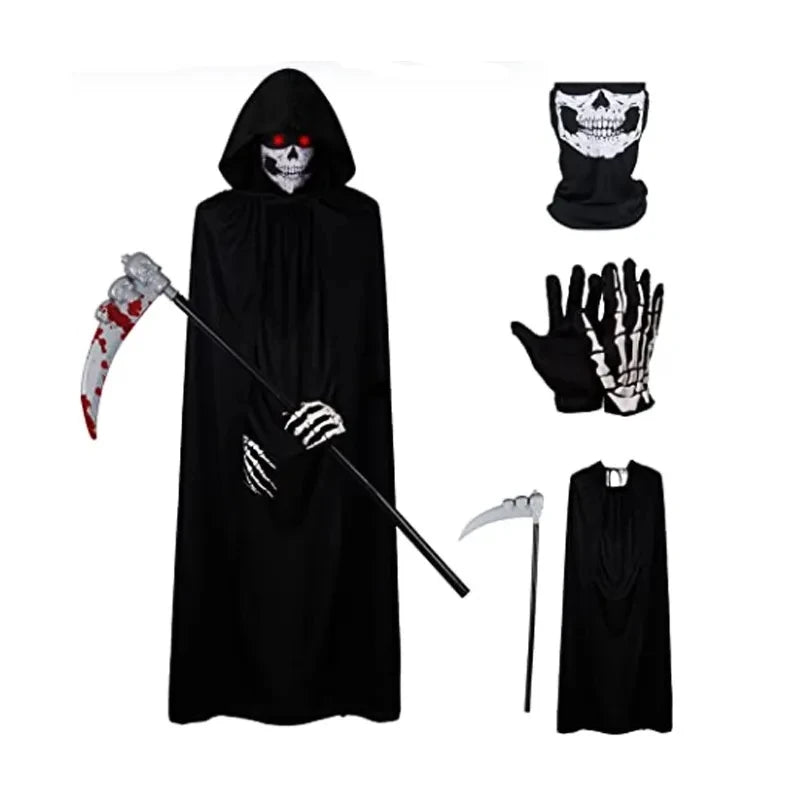 2026Halloween New Party Role Playing Children Adult Death Black Cloak Halloween Skull Ball Costume Prop Set Children Adult Gift