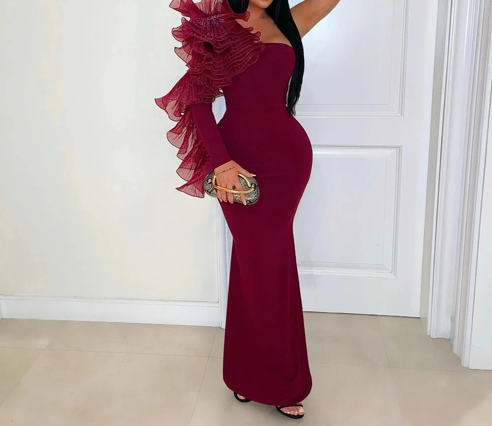 One Shoulder Long Dress Women Elegant Party Dresses Ruffles Sleeve Bodycon Evening Summer Dresses Female Birthday Dress HWY1896