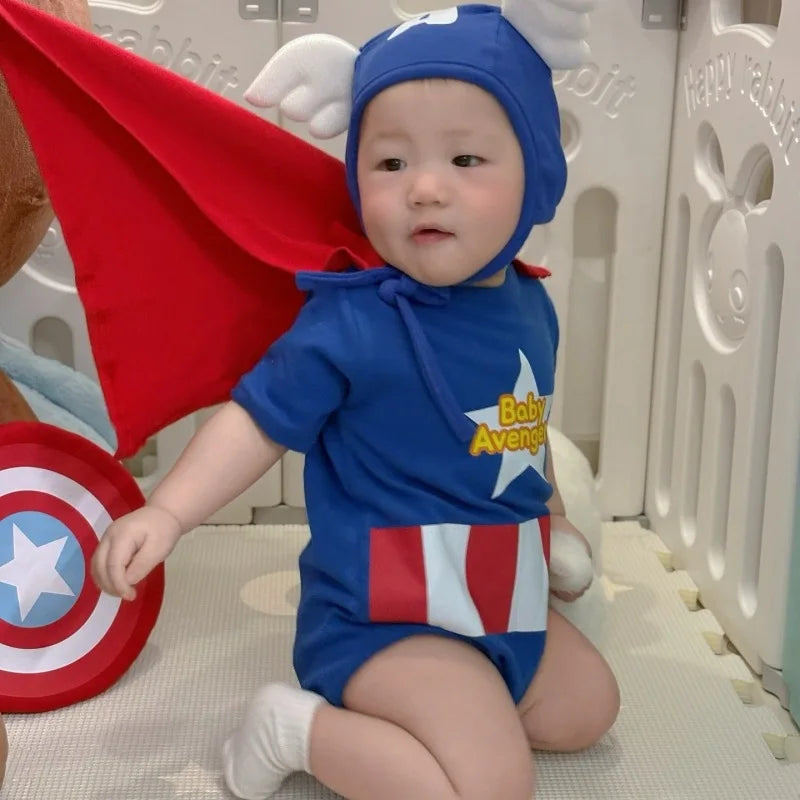 Fall 2025 Korean Superhero Baby Bodysuit Set Costume with Cape Shield & Hat for Cosplay Photoshoot One-Piece High quality Cotton