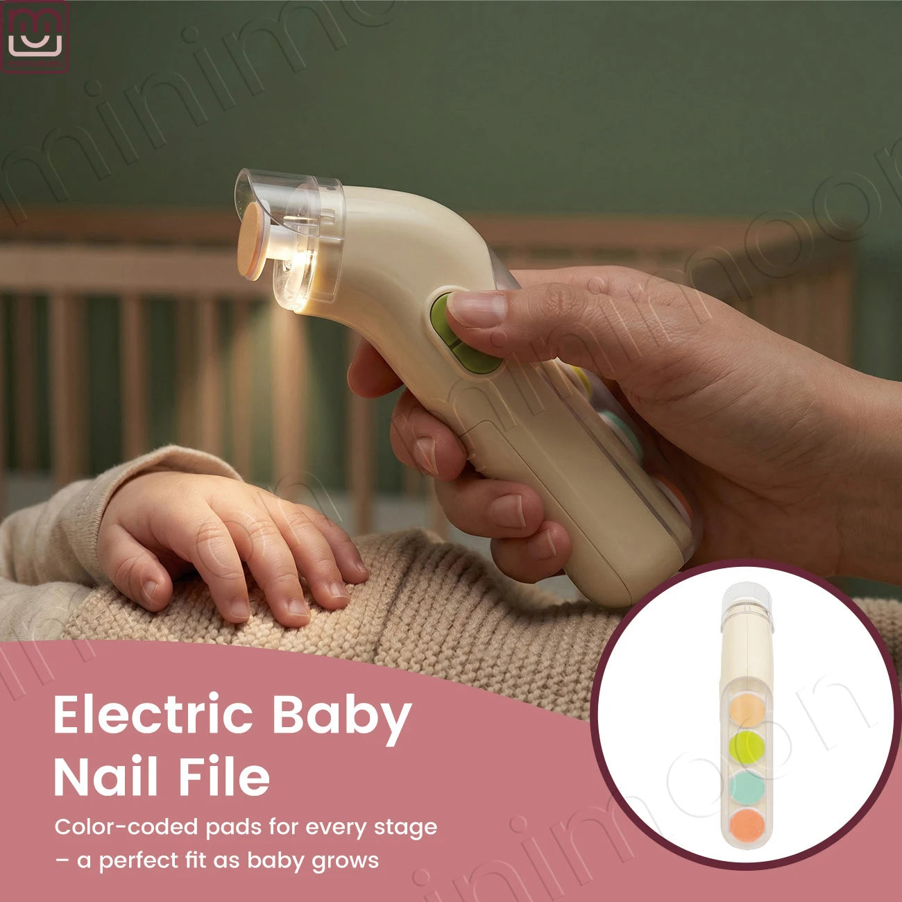 Electric Baby Nail File, 5-in-1 Gentle Nail Trimmer for Infants Toddlers, 360° Rotating Grinding Head with LED Light
