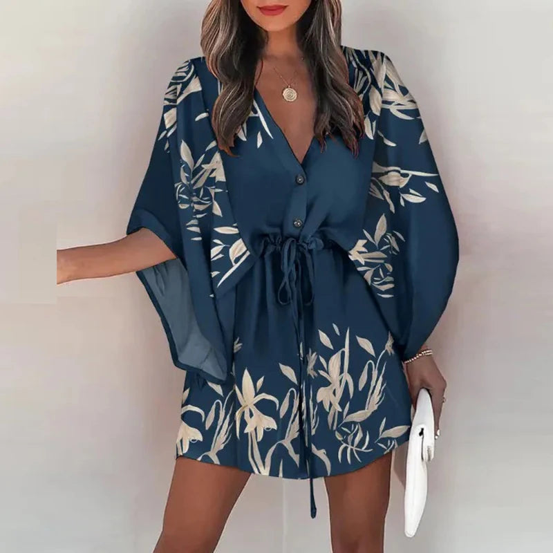 Women Casual Loose Dress Beach Boho Dress Fashion Vintage Print V Neck Drawstring Mini Dress Summer Dresses Robe Femme 2022