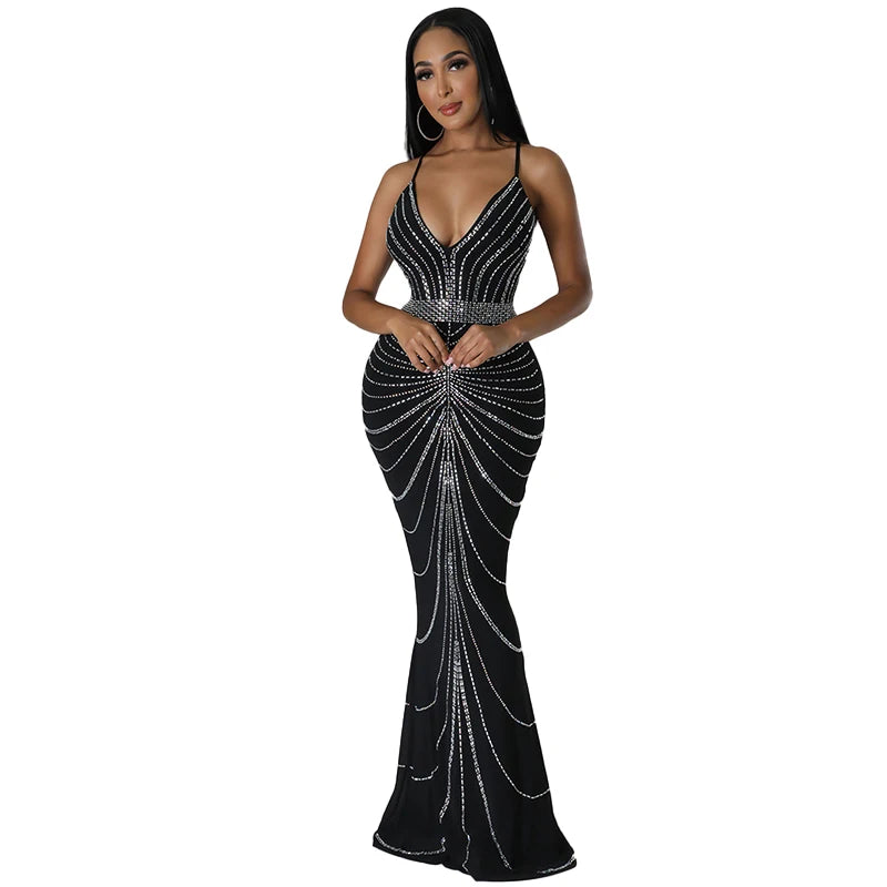 Sparkling Solid Color Hot Diamond Sheer Mesh Long Skirt, Elegant and Luxurious Spring Women's Cocktail Dress, Celebrity Clothing