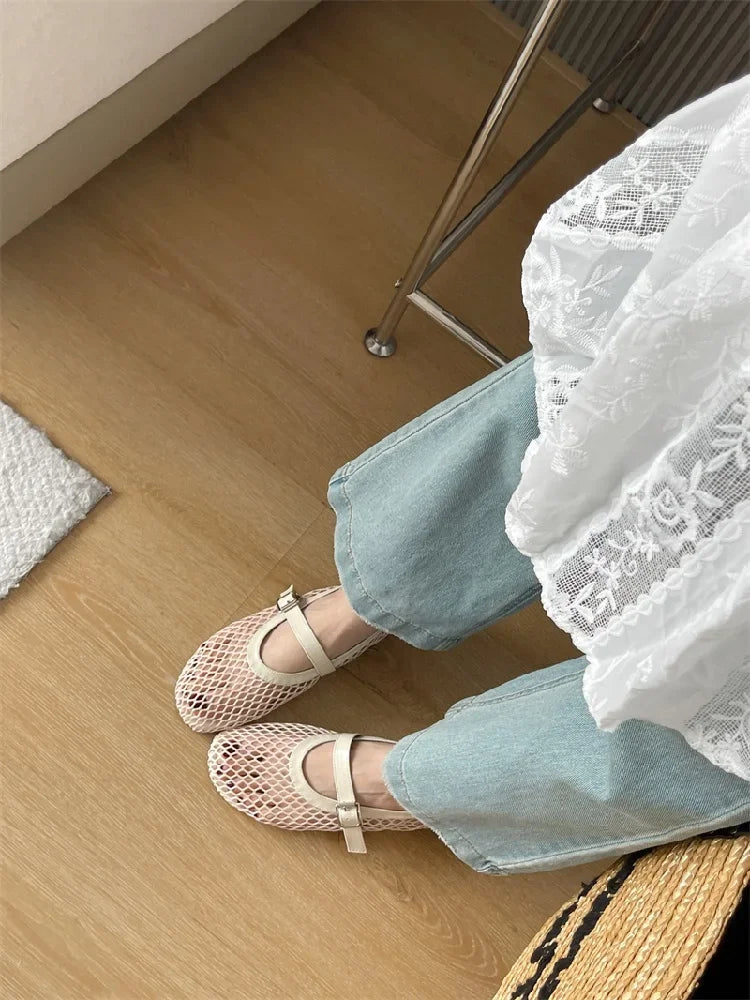 Aneikeh BIG Size 35-43 Jelly Color Fishing Ballet Dance Women's Mesh Buckle Flat Hollow Out Retro Mary Jane Shoes