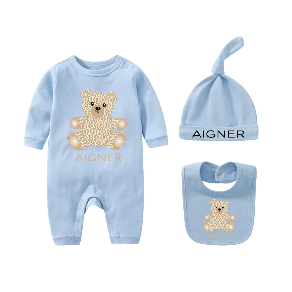 Popular bear jumpsuit, newborn autumn clothing hot selling, soft bib scarf hat, toddler jumpsuit set, baby long sleeved jumpsuit