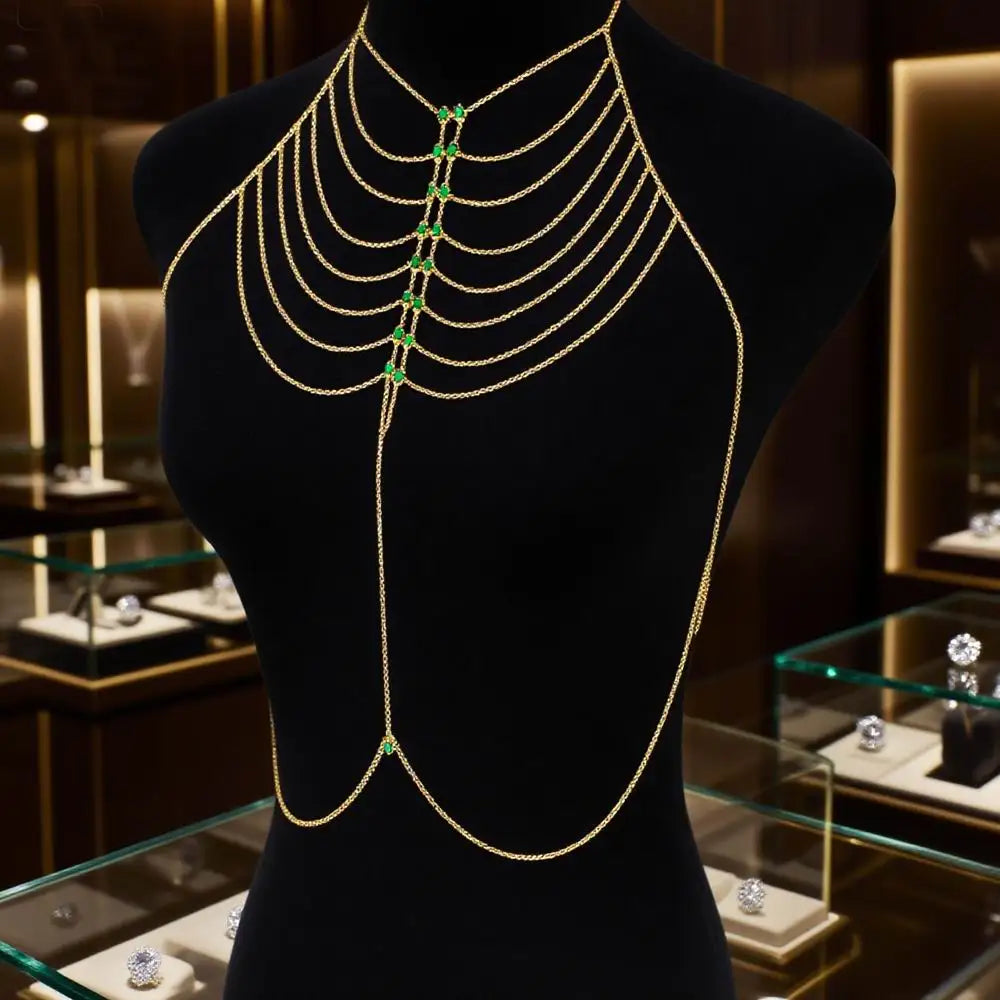 Multi-layer Body Chain Necklace Dress Women Sexy Harness with Colorful CZ Paved Hollow Bling Tassel Chain Fashion Party Jewelry