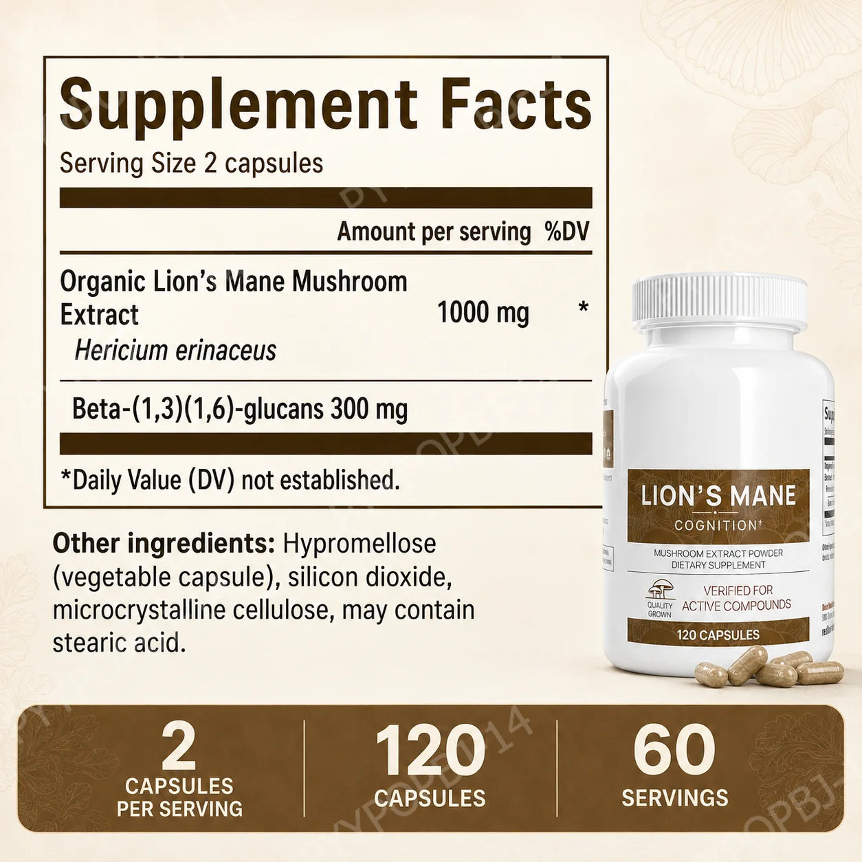 Lion’s Mane Mushroom Extract Capsules 1000mg, 300mg Beta Glucans, 120 Count, Vegan Non-GMO Gluten Free Daily Blend