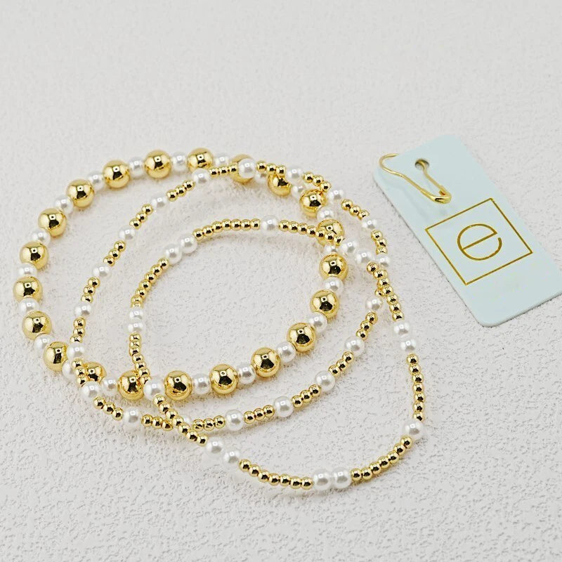 VKVVA Fashion Jewelry Gold-plated Metal Beaded Bracelet Set 3pcs for Women, Faux Pearl Layered Stackable Bracelets Unique Gift