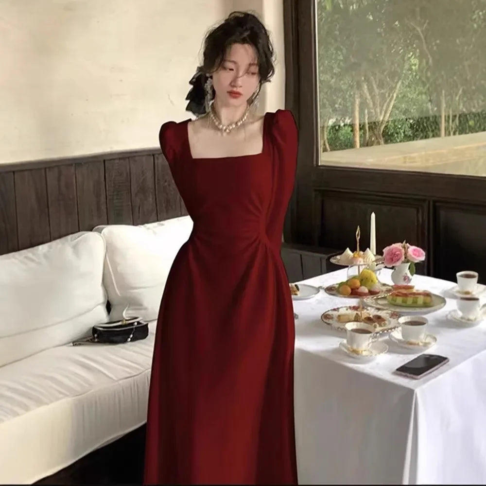 Red Long Sleeve Dress Wedding Dress Spring Autumn French Style Engagement Party Drinking Ceremony Bridal Gown Everyday Wear