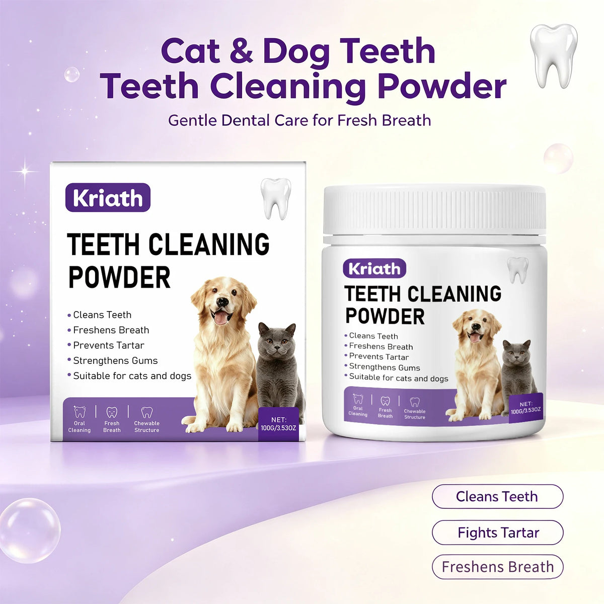 Pet Dental Powder for Dogs and Cats Reduces Tartar and Plaque Freshens Breath Improve Oral Odor Daily Pet Oral Hygiene Powder