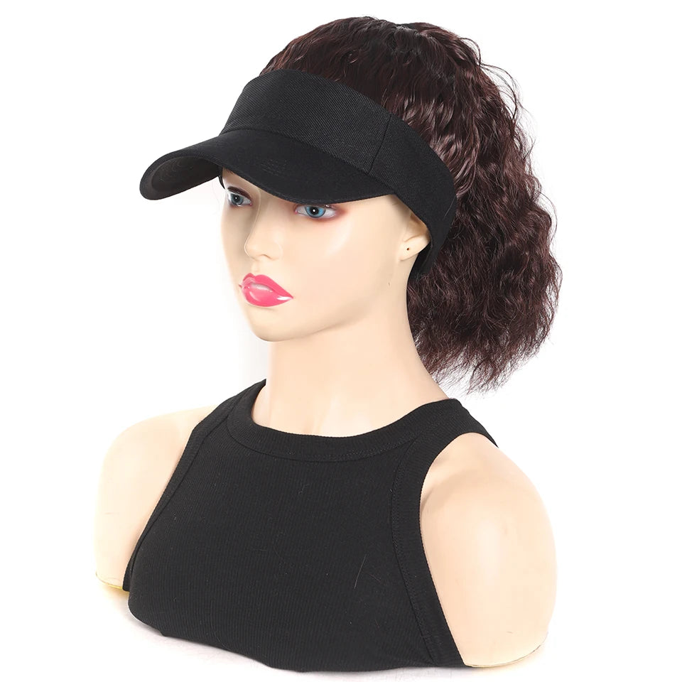 LUPU Synthetic Hair Curly Wave Ponytail Black Brown Baseball Cap Wig Adjustable Sun-Protective Sporty Style for Women Girls