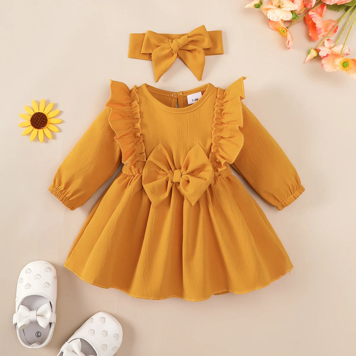 Baby girl Autumn Dress Ruffled Edges and Bow, Long sleeved Dress+Headband for 0-18 Months Cute Baby girl Holiday Party Costume