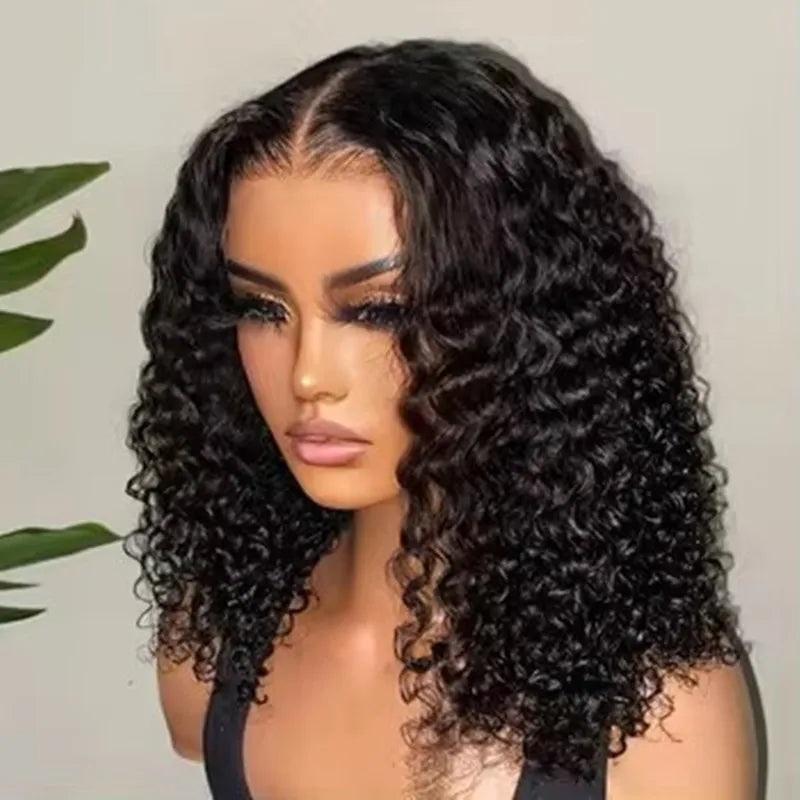Black Color Short Bob Cut 13X4X1 HD Lace Front Synthetic Wig For Black Women Kinky Curly Preplucked With Baby Hair Soft Hair