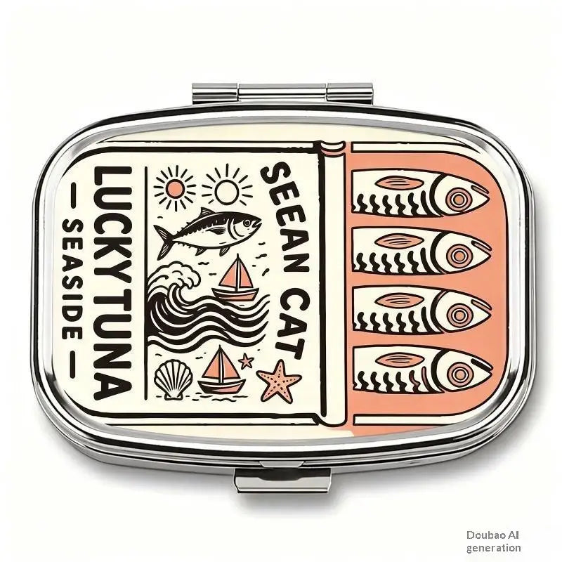 【WA】LUCKY TUNA Sardines Print Metal Pill Box, Portable 2-Compartment Travel Pill Organizer For Vitamins & Pills
