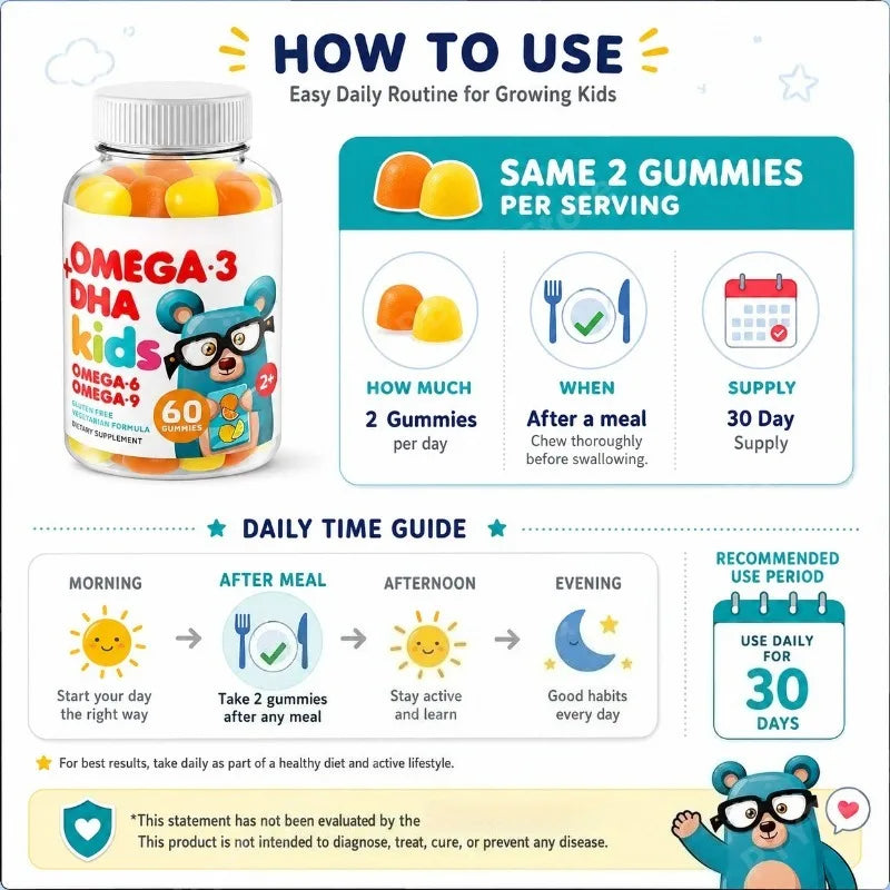 Omega 3 DHA Kids Gummies 60pcs Fruity Vegetarian Gluten Free  Daily Nutritional Support for Children 2+