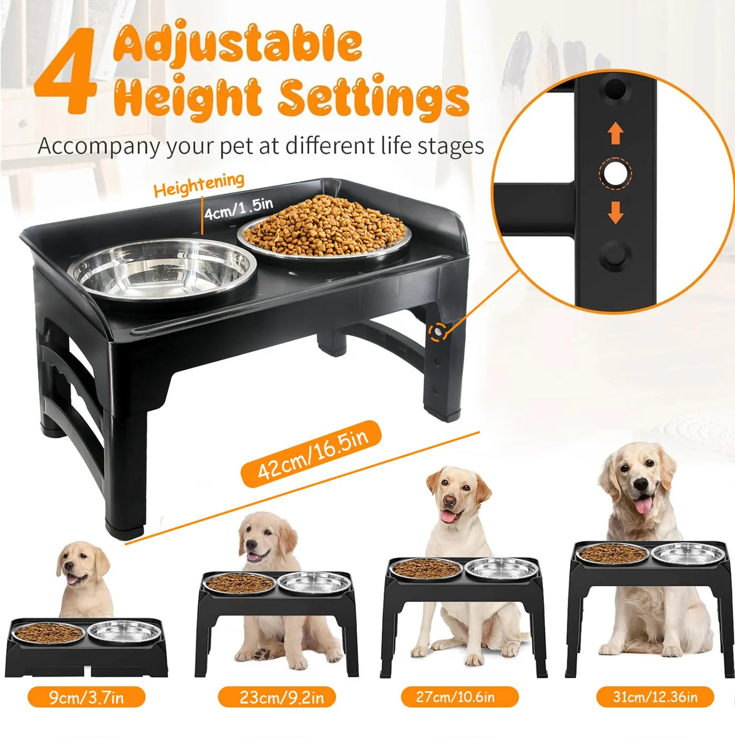 Updated Elevated Dog Bowls 4 Height Adjustable Raised Dog Bowl with Baffle No Spill Edge 2 Thick 50oz   Stainless Steel Dog Food