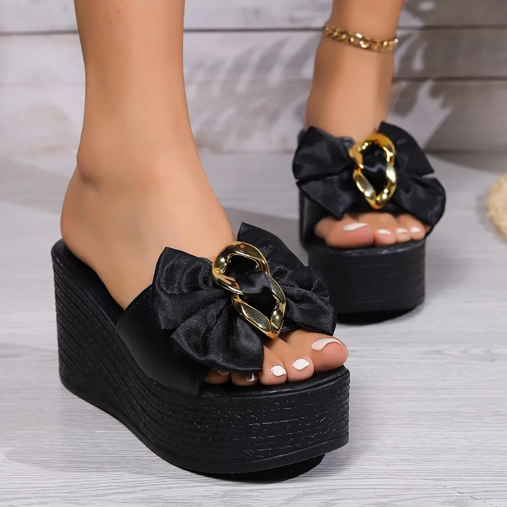 Women's Summer Fashion New Bow Designer Thick Sole Non-Slip Sandals Outdoor Casual Solid Color Open Toe Beach Flip Flops