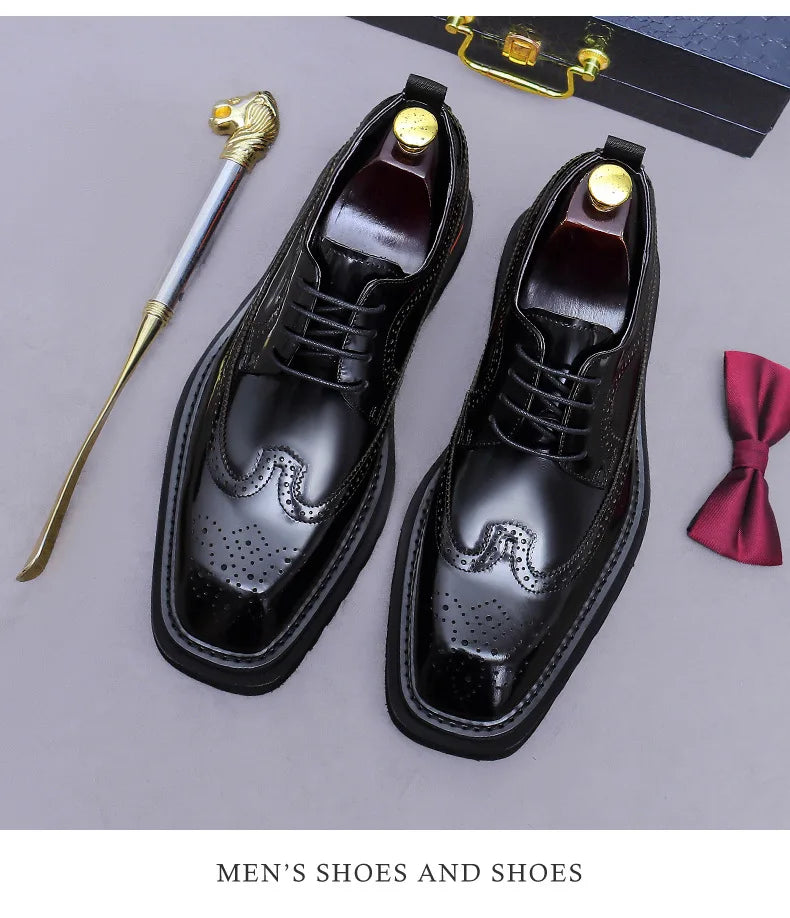 Men's Brogue Platform Oxford Shoes Genuine Leather Thick Sole Formal Dress Shoes for Men Business Casual Lace Up Luxury Oxfords