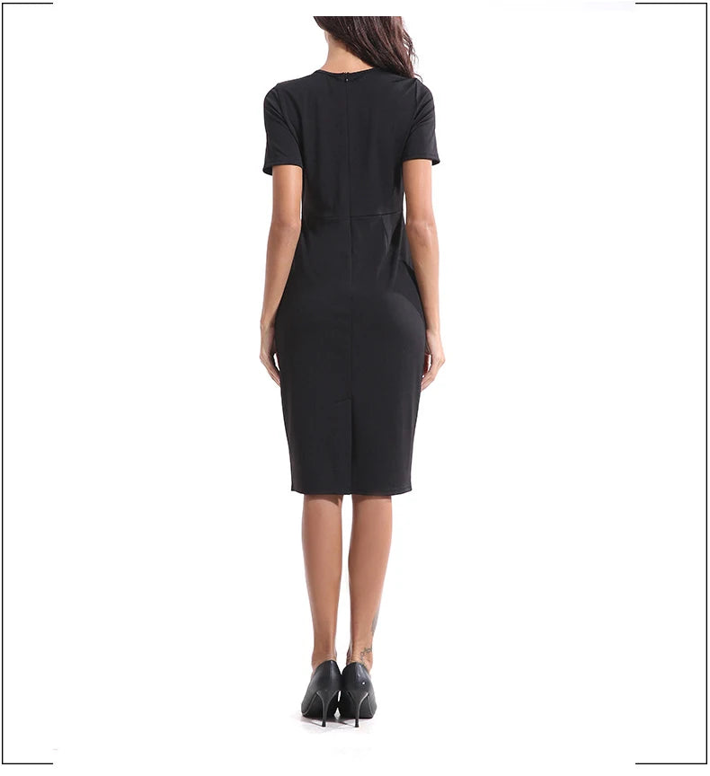 Summer Black Office Lady Dress Women Short Sleeved Dress Elegant Gown O Neck Zipper Fashion Slim Outfit Casual Streetwear
