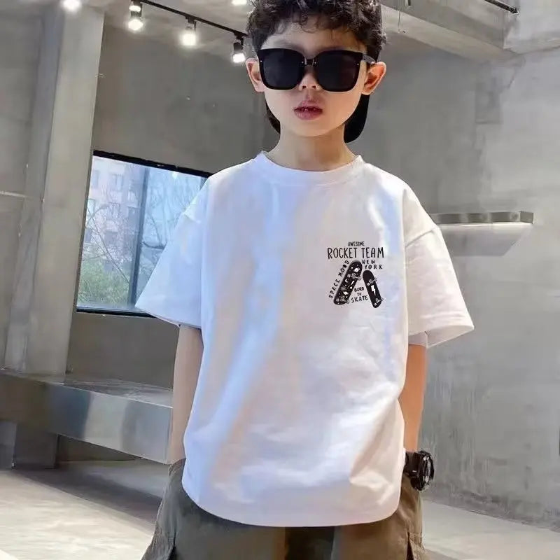 100% Cotton Boys T-shirt Summer Streetwear Cool Graffiti Print Girls Tees Short Sleeve Children Tops High Quality Kids Clothes