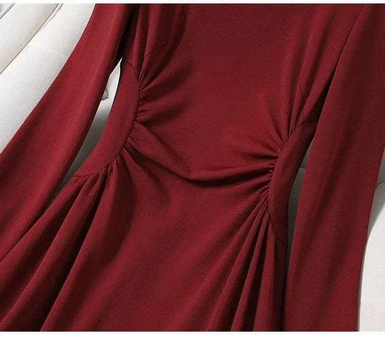 Red Long Sleeve Dress Wedding Dress Spring Autumn French Style Engagement Party Drinking Ceremony Bridal Gown Everyday Wear