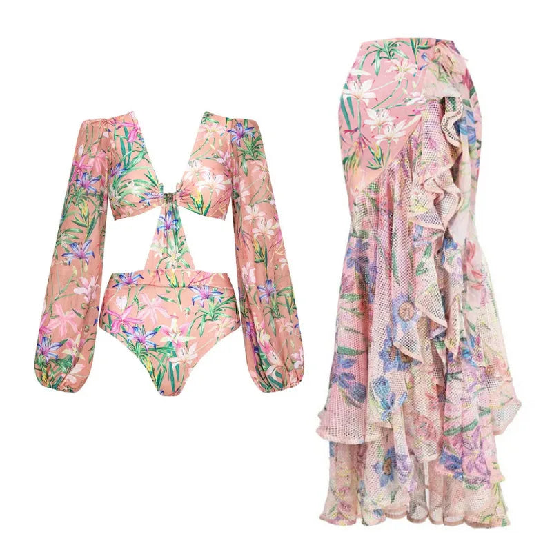 Women Swimwear Summer Floral Printed V-neck Swimsuit One-piece Bodysuit Bikini Set Beach Style Wear Maxi Dress Skirt Vacation