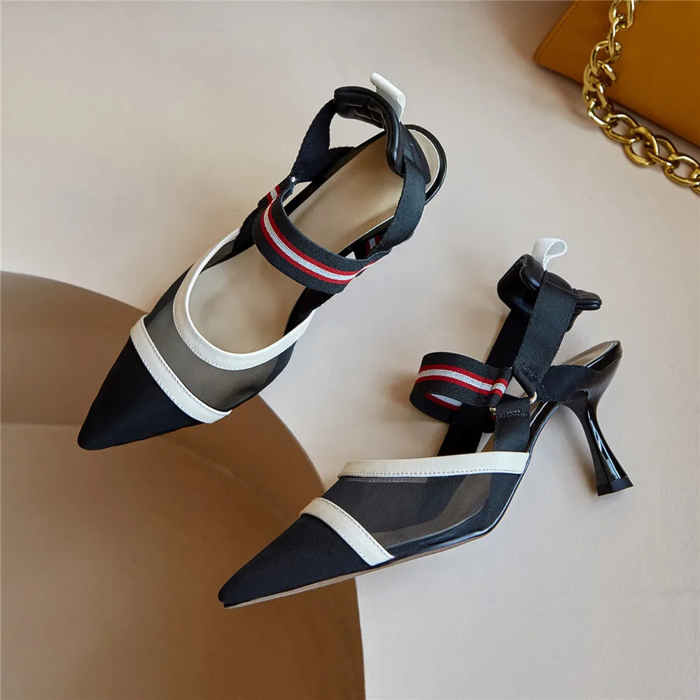 Aucegi Pointy Toe Thin High Heel Slingback Sandals Women Brand Design Elegant Genuine Leather Splicing Mesh Party Dress Shoes