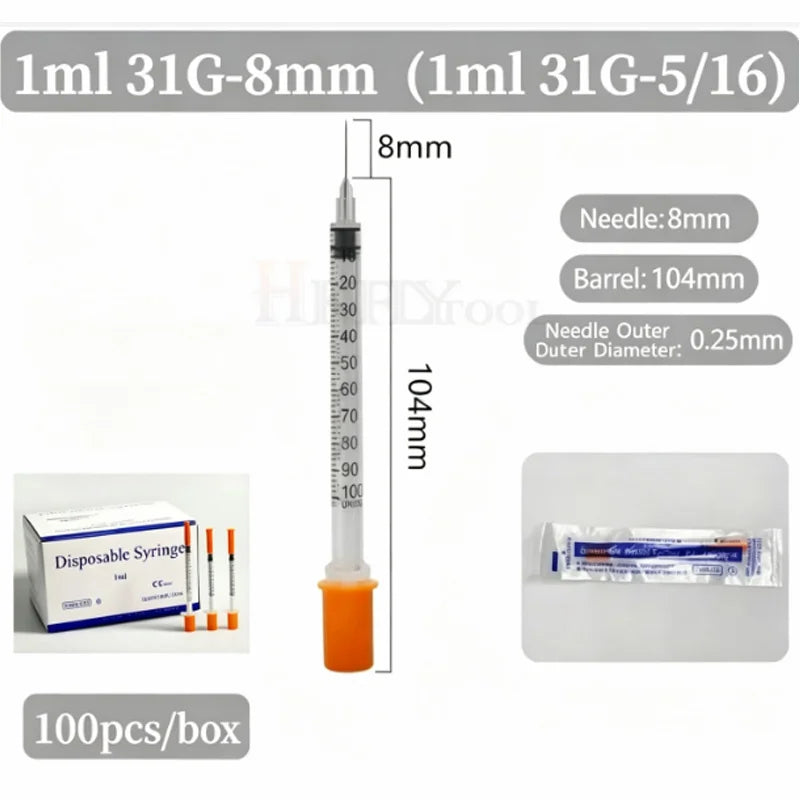 100pcs/box 0.3ml/0.5ml/1ml Disposable Sterile Syringes with 31G 6mm 8mm 29G 13mm 30G Needles for Lab Measuring Pet Feeding