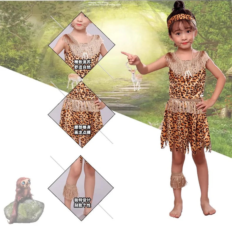 Halloween Costume Adult Kids Savage Caveman Costumes African Tribal Hunter Clothing for Girl Performance Costumes Cosplay Dress
