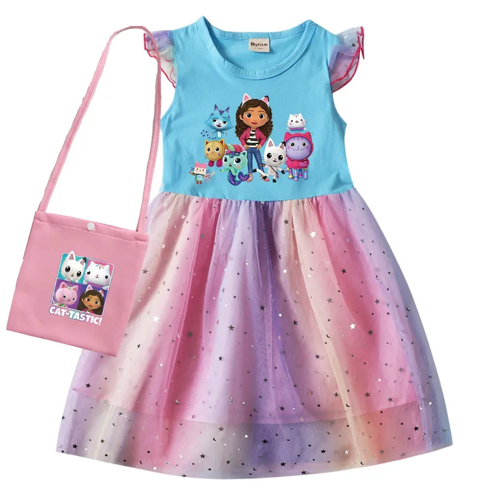 2024 Girls Summer Dresses Gabbys Dollhouse Girls Cat Tastic Costumes Kawaii Kids Birthday Party Princess Dress with Headwear Bag