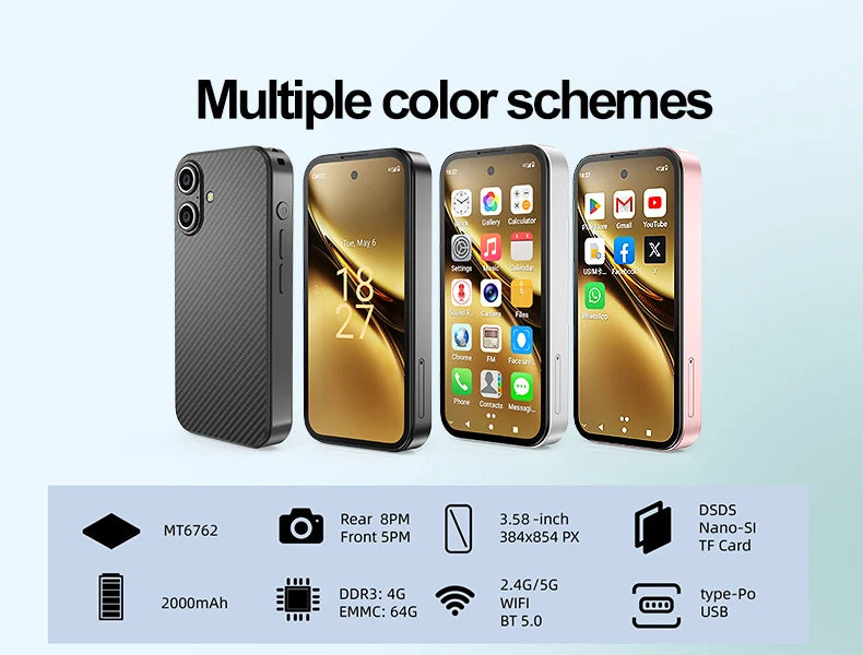 SOYES Q333 4GB RAM 64GB ROM Android 12.0 Smartphone MTK6762 2000mAh Face ID 4G LTE Type-C OTG 3.58‘’ Screen 8MP/5MP Small Phone