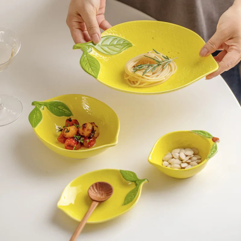 Creative Cartoon Lemon Shaped Ceramic Salad Bowl Soup Bowl Family Fruit Snack Plate Kitchen Utensils Accessories