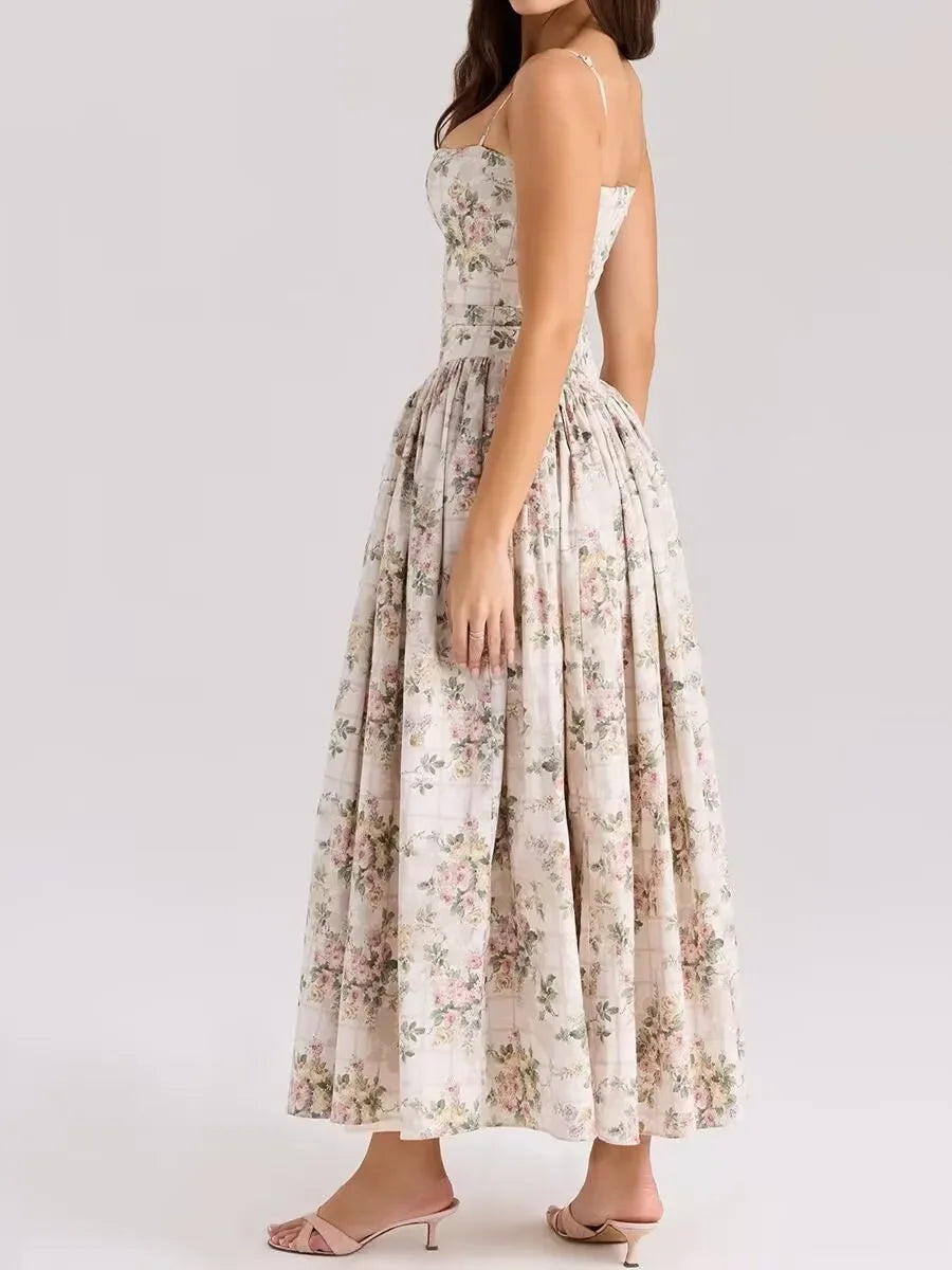 Elegant Fairylike French Style Gentle Floral Print Strapless Midi Dress Slimming Women's Fashion High End Feeling Dress