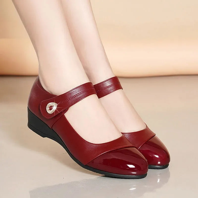 Zapatos De Mujer Women Cute Comfort Buckle Strap Black Patent Leather Height Increased Shoes Lady Cool Wine Red Heel Shoes E818