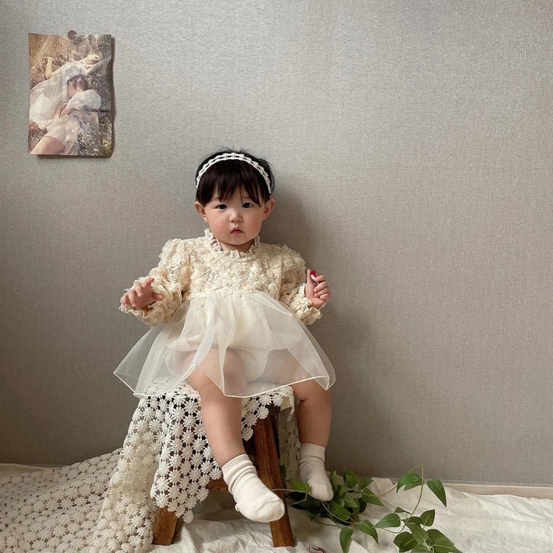 Baby Girls Autumn Romper Dress Long Sleeve Lace Floral Tulle Patchwork Romper with Headband