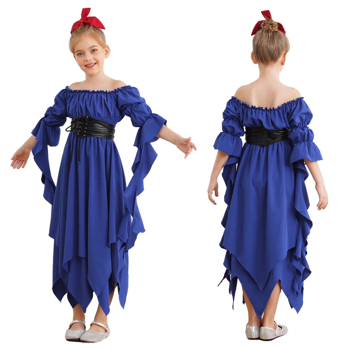 Girls Halloween Medieval Renaissance Witch Vampire Cosplay Costume Victorian Gothic Dress Off Shoulder Smocked Irregular Gown