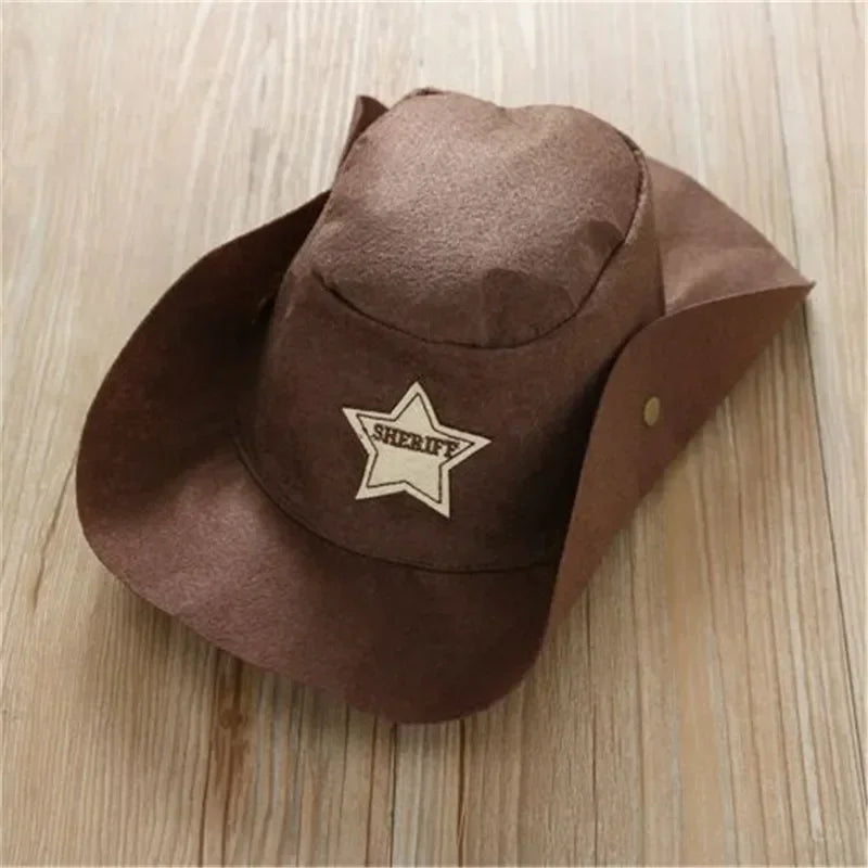 Baby 3PCS Romper Set Camouflage Printed Sling Side Tassel Romper Big Cowboys Wide Brim Star Hat Triangle Printed Scarf
