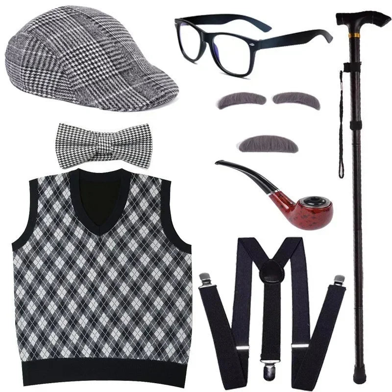 Halloween Children's Day Kids 100 Days Of School Costume For Boy Grandpa Vest Wig And Beard Granny Dress Up Props Carnival Party