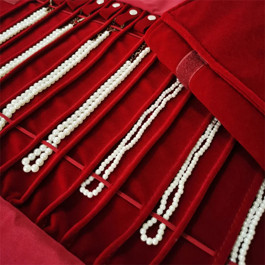 Burgundy Velvet Jewelry Roll Bag Portable Foldable for Necklace Earrings Ring Travel Exhibitions Organizer Storage Bag