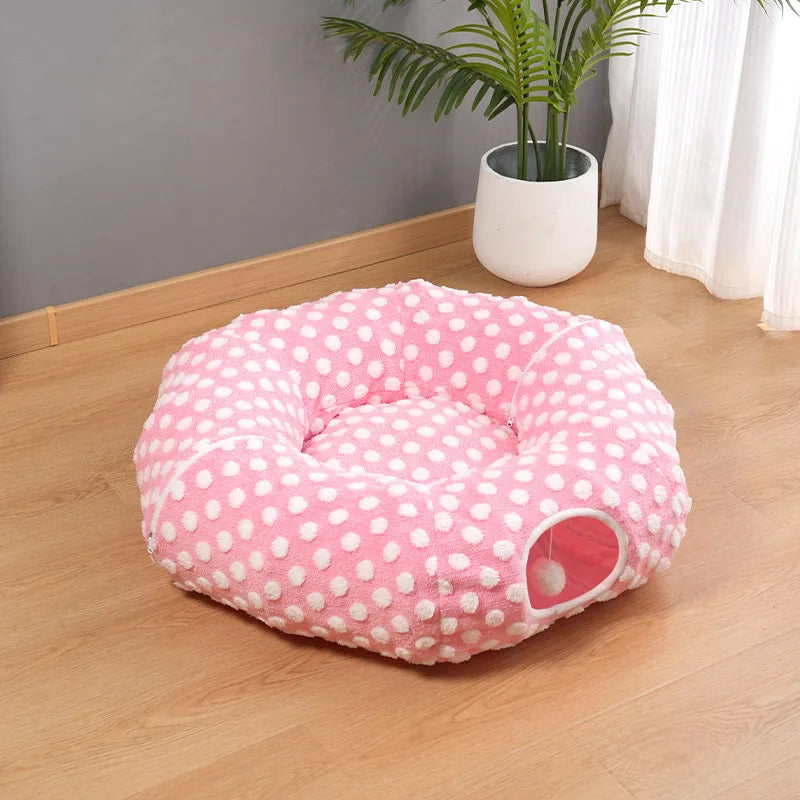 Round Donut Cat Beds Christmas House Soft Plush Pet Mat for Puppy Cushion for Cats To Hide 2 in 1 Tunnel Cats Sleeping Sofa Noel