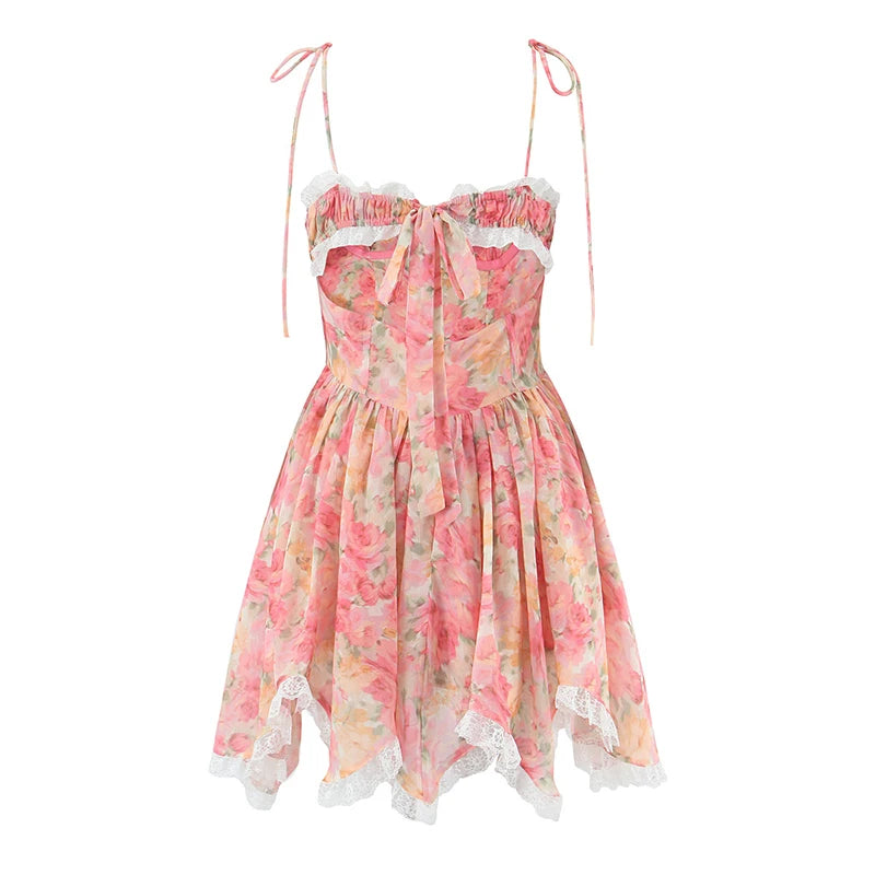 YENKYE Sexy Sling Floral Print Boho Beach Dress Women New 226  Lace Trim  Irregular Hem Holiday Summer Dresses Short Robe