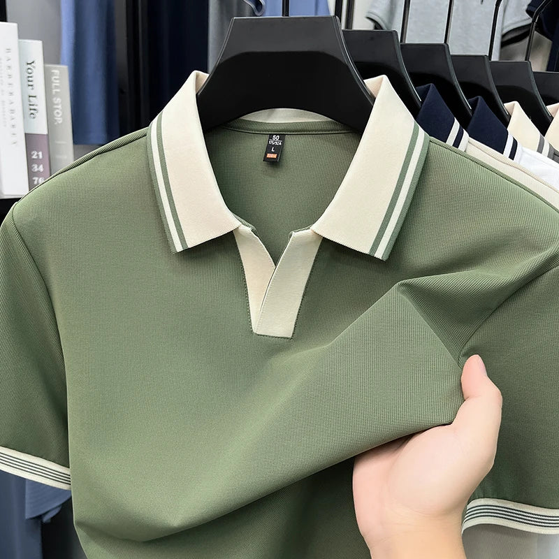 Light luxury summer new short sleeve polo shirt silky breathable high-end men's fashion personalized color blocked lapel T-shirt