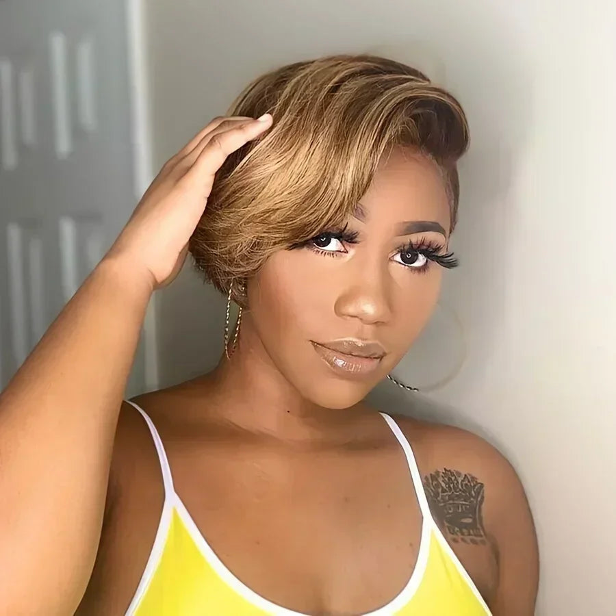 13x4 Lace Front Pixie Cut Bob Wig Highlight Honey Blonde Ombre Brazilian Remy Human Hair Pre‑Plucked Natural Hairline Soft