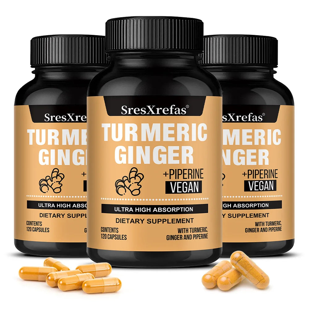 Turmeric Ginger Piperine Capsules – Curcumin 95% with Black Pepper, Gut, Joint & Immune Support, Vegan Supplement, 120 Capsules