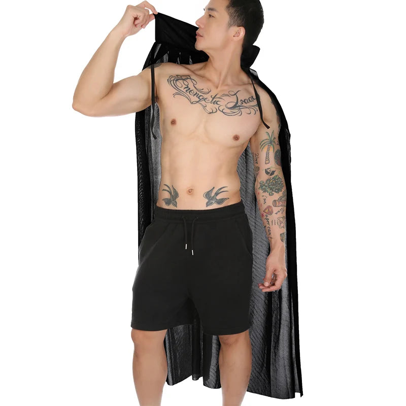 Sexy Halloween Costumes Woman Men Cosplay Hooded Cape Sheer Transparent Stand Collar Erotic Sex Costumes Stage Show Costumes