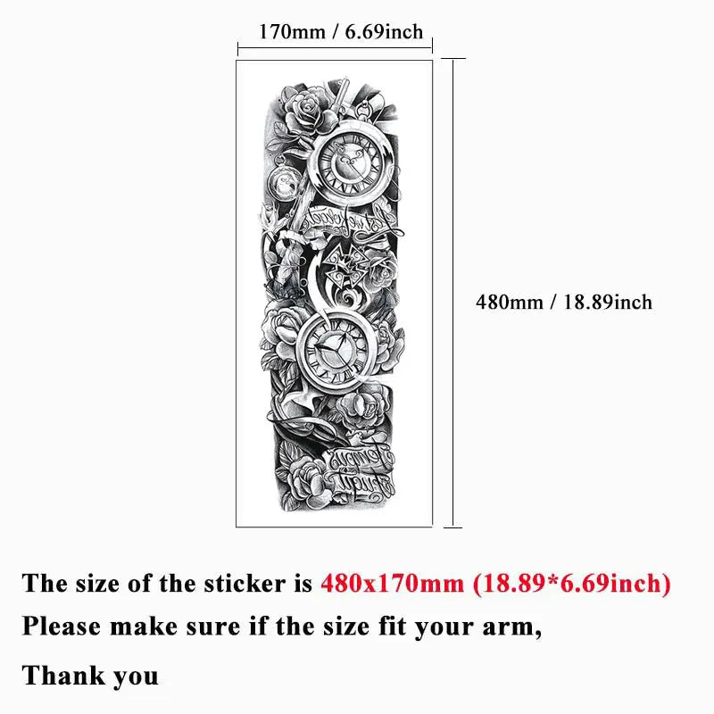 Waterproof Temporary Tattoo Stickers Clock Eye Large Arm Tattoo for Men Women Tiger Animal Fake Tatoo Sleeve
