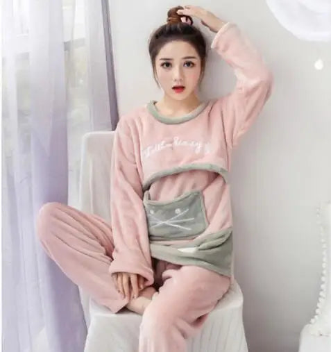 Autumn Long Sleeve flannel Maternity Clothing winter Thin coral fleece Pajamas Set Pregnant Women Breastfeeding Nursing Pyjama